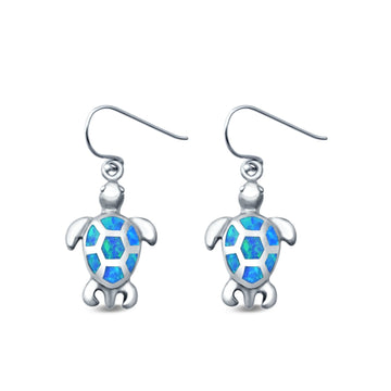 Sea Turtle Drop Dangle Earrings Round Lab Created Blue Opal 925 Sterling Silver (17mm)
